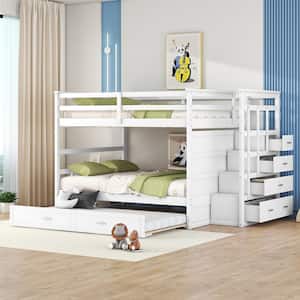 White Full over Full Wood Bunk Bed with Twin Size Trundle, 4 Drawers and Staircase