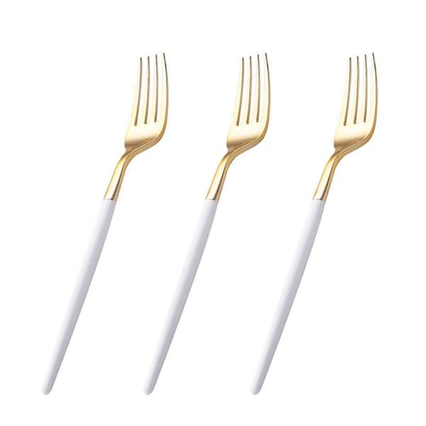 144-Piece White-Handle Disposable Plastic Fork Set with Gold-Look Finish