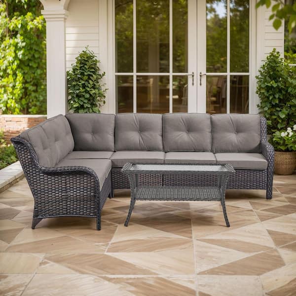 Arcline 3-Piece Brown Wicker Patio Conversation Set with Olefin Gray Cushions/L-Shaped Sofa and Coffee Table