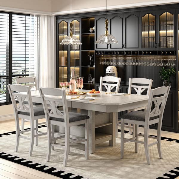 Gray Counter Height Wood Dining Table Set for 6,7-Piece Set with Leaf Extension & Storage, Farmhouse Kitchen Table Set