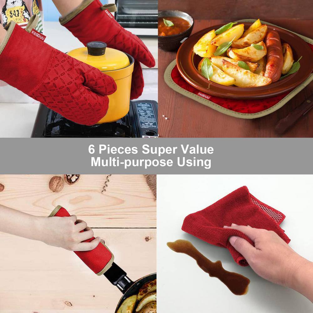Red Heat-Resistant Silicone Oven Mitts and Pot Holders Set