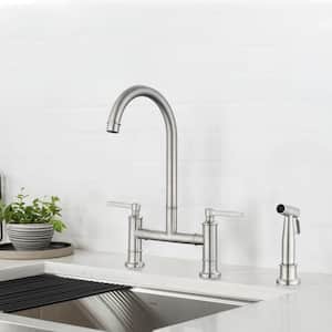 Plato Double Handle Bridge Stainless Kitchen Faucet in Brushed Nickel