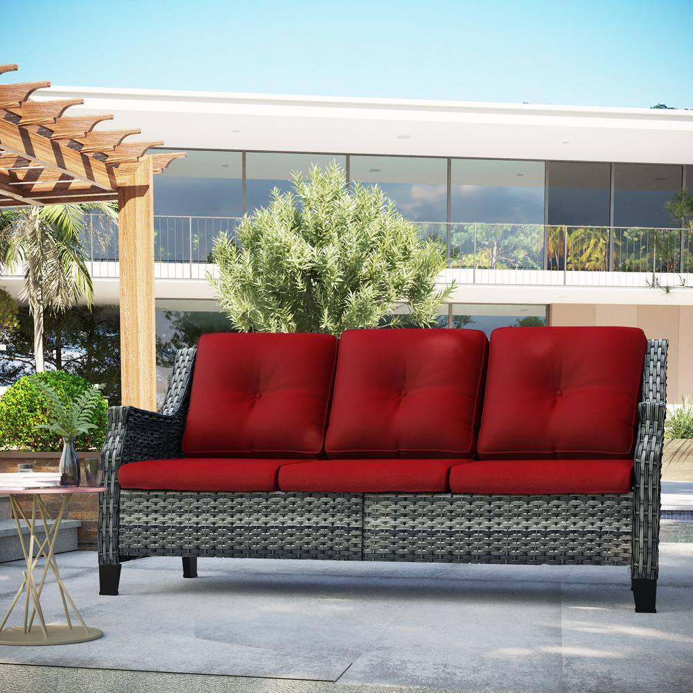 Red Wicker and Metal Outdoor Patio Sofa with Curved Armrests