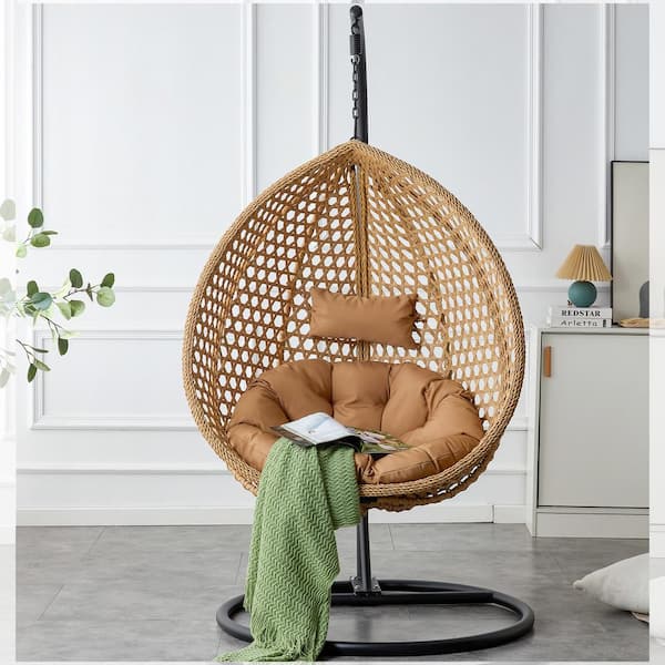 40 in. W Yellow Wicker Patio Swing with Brown Cushion For Patio Balcony, Backyard, Bedroom