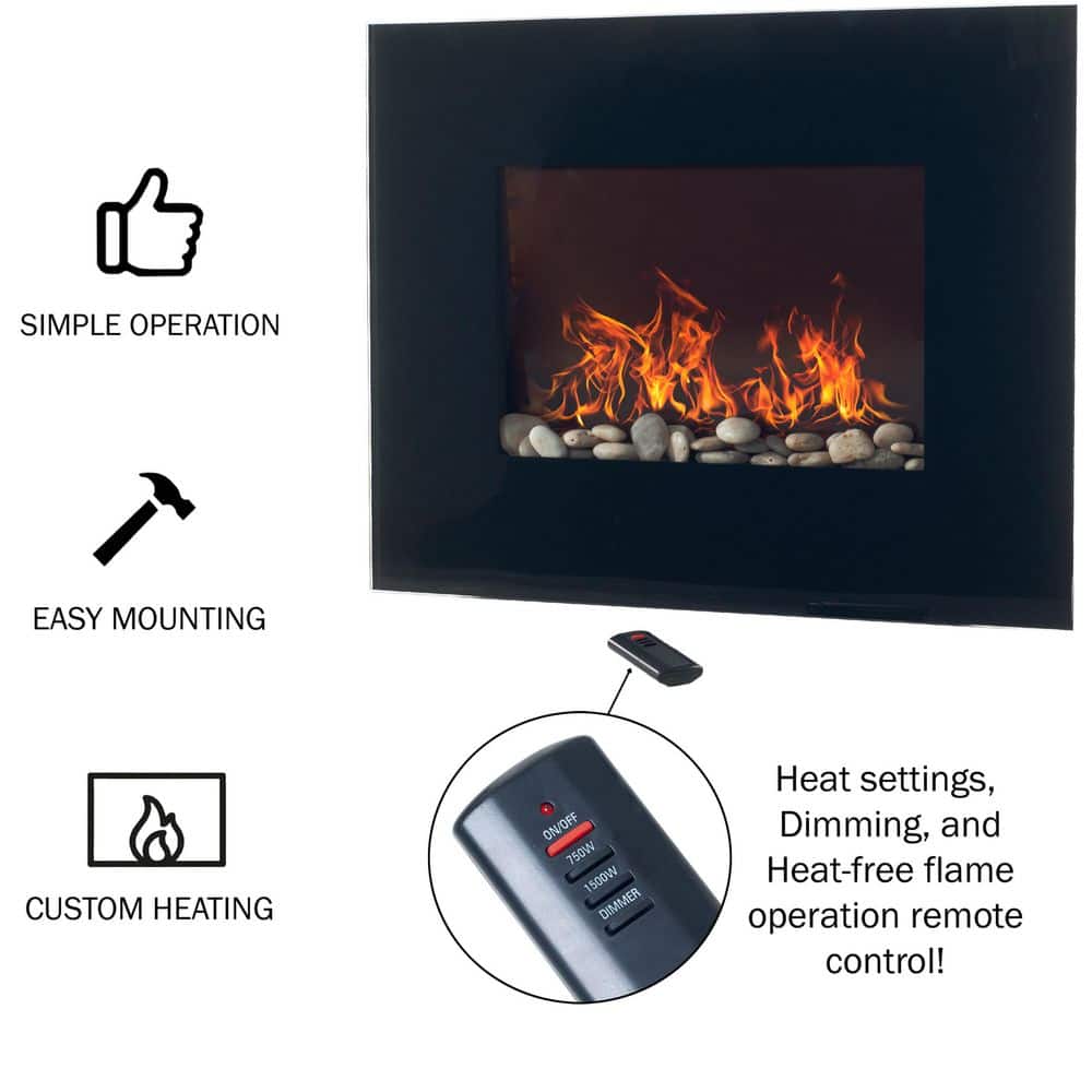 Black Curved Glass Wall Mount Electric Fireplace with Remote