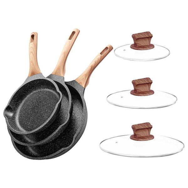 5-Piece Granite Non-Stick Frying Pan Set with Lids, PFOA-Free Stone Coating, Induction and Gas Compatible