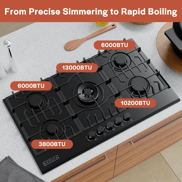 36 in. 5 Burners Recessed Gas on Glass Cooktop in Black with LP Convertible-CSA Certified-Kitchen Stove