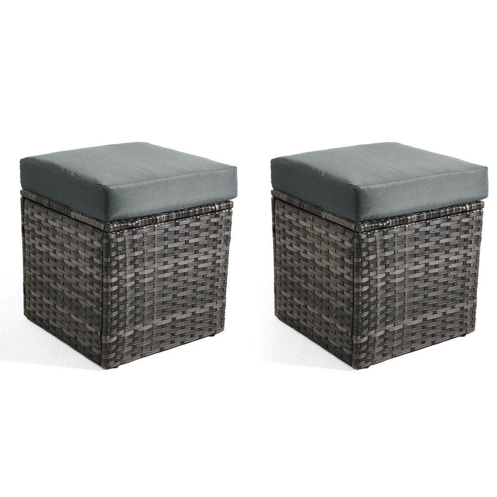 2-Piece Gray-Brown Wicker Rattan Outdoor Ottoman with Dark Gray Cushion