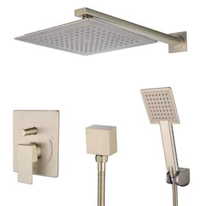 1-Spray Patterns 9 in. Wall Mount Square Dual Shower Heads High Pressure Shower Faucet in Brushed Gold