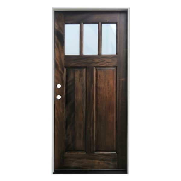 Pacific Entries 36 in. x 80 in. Espresso Right-Hand Inswing 3-Lite Clear Glass Mahogany Prehung Entry Door w/ 6-9/16in. Jamb - FSC 100%