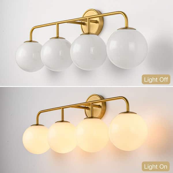 29.92 in. 4 Light Brushed Gold Vanity Light with Milk Glass Shade Modern Bathroom Vanity Light Transitional Wall Sconce