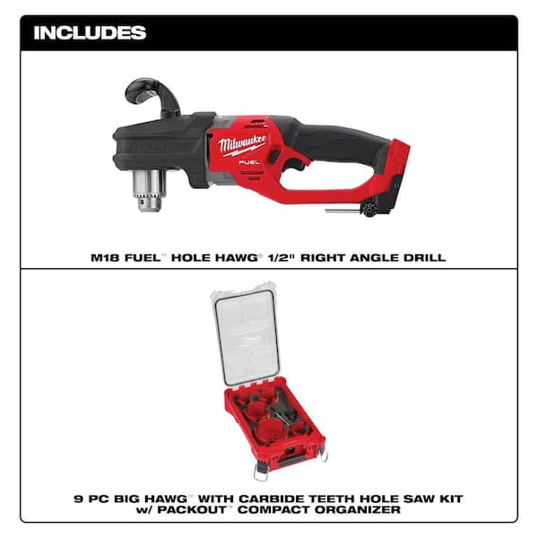 M18 FUEL GEN II 18-Volt Lithium-Ion Brushless Cordless 1/2 in. Hole Hawg Right Angle Drill w/9pc PACKOUT Hole Saw Kit