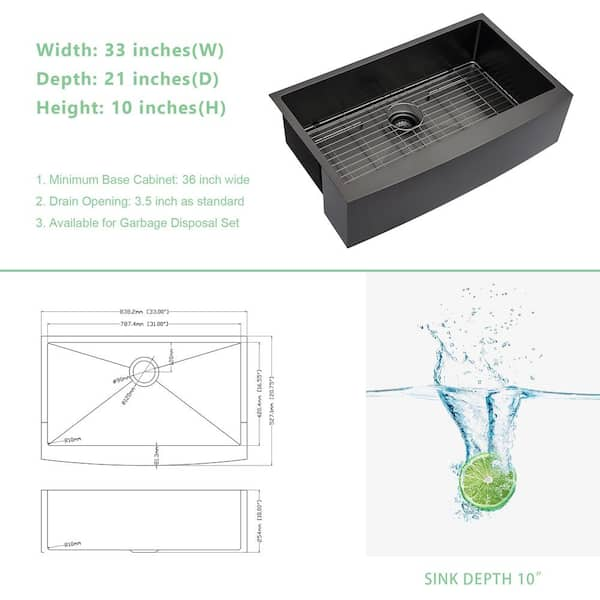 UPIKER Gunmetal Black 16 G Stainless Steel 36 in. Single Bowl Farmhouse Apron Workstation Kitchen Sink with Drainboard and Grid