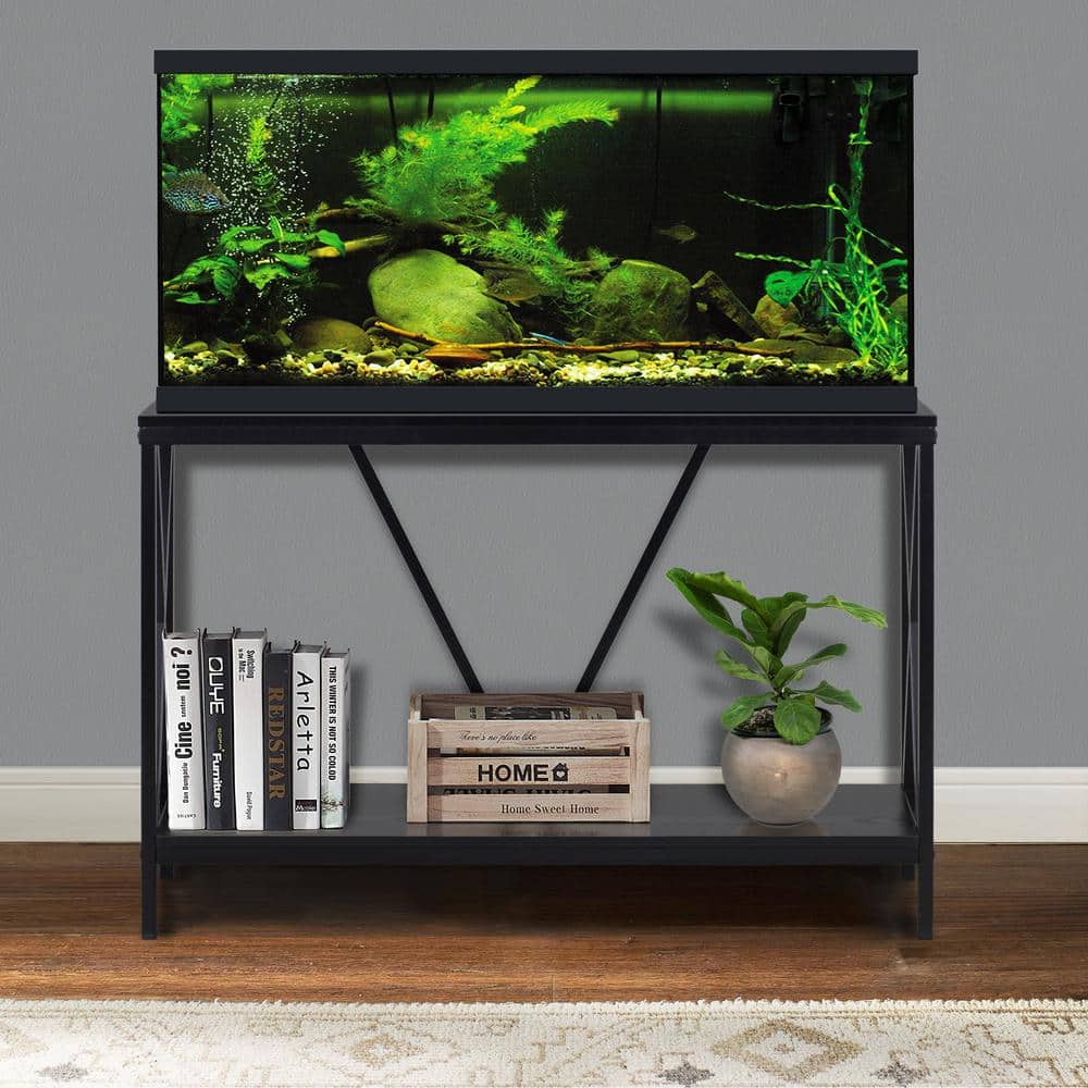 Black Metal and Wood X-Frame Aquarium Stand with Lower Shelf