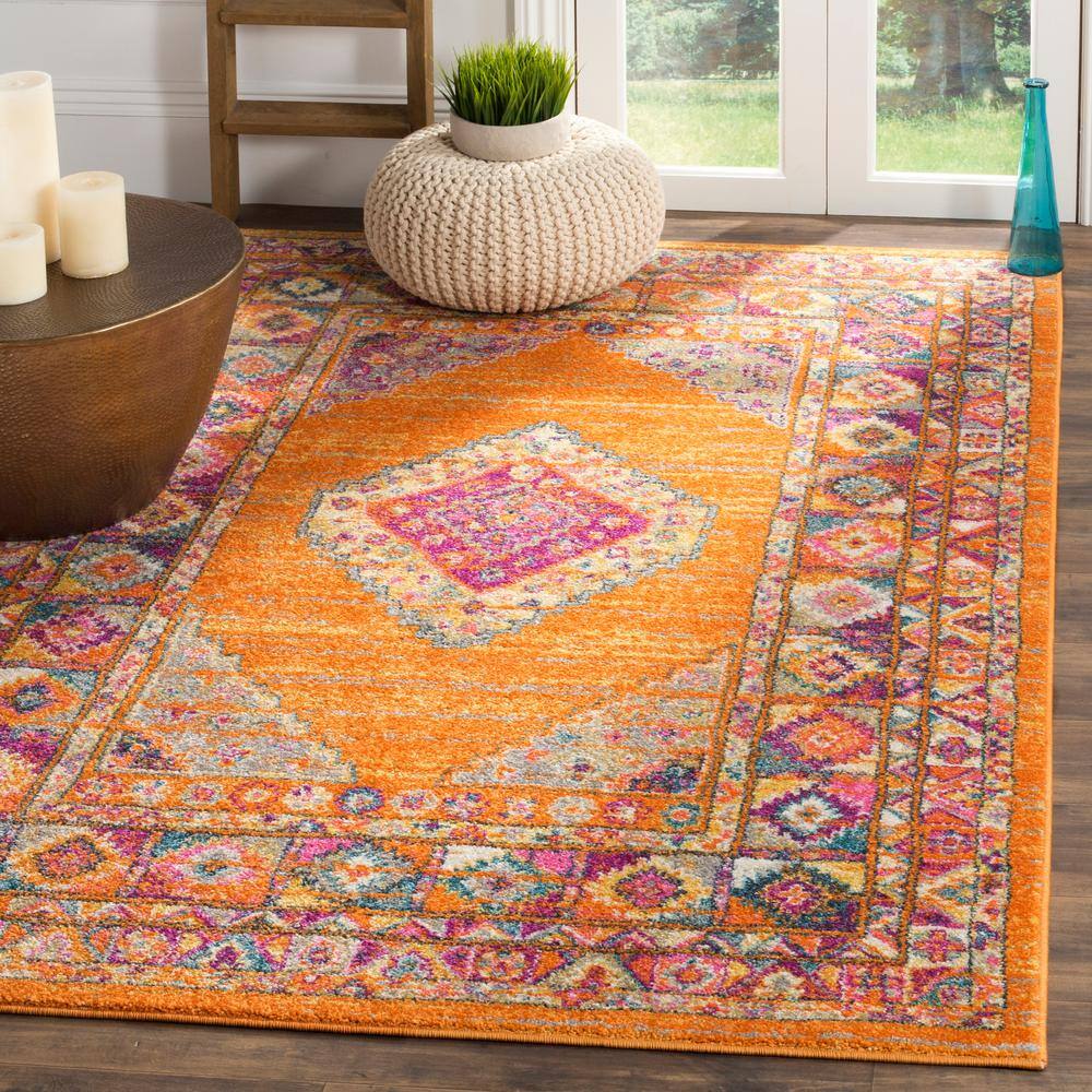 Vibrant Orange and Fuchsia Synthetic Square Area Rug