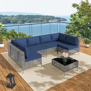 7-Piece Gray Wicker Outdoor Furniture Sectional Set, with Glass Coffee Table and Navy Cushions