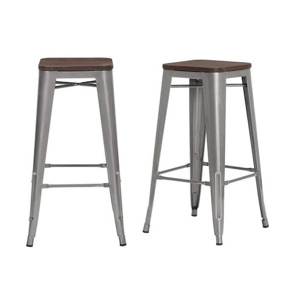StyleWell Finwick Gunmetal Gray Metal Backless Bar Stool with Wood Seat (Set of 2) (16.93 in. W