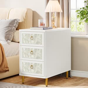 Fenley 13.78 in. White 3-Drawer Wood Nightstand, Narrow Bedside Table with 3D Printed Shell Finish for Bedroom