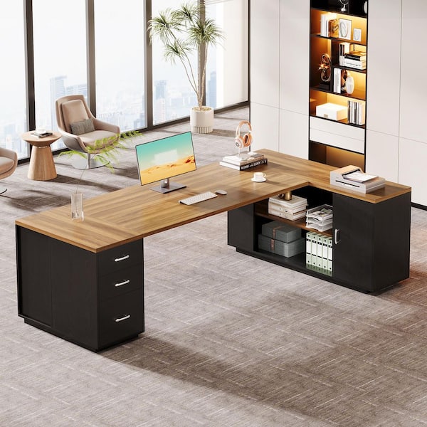 BYBLIGHT Capen 86 in. Black and Walnut Super Spacious L-Shaped