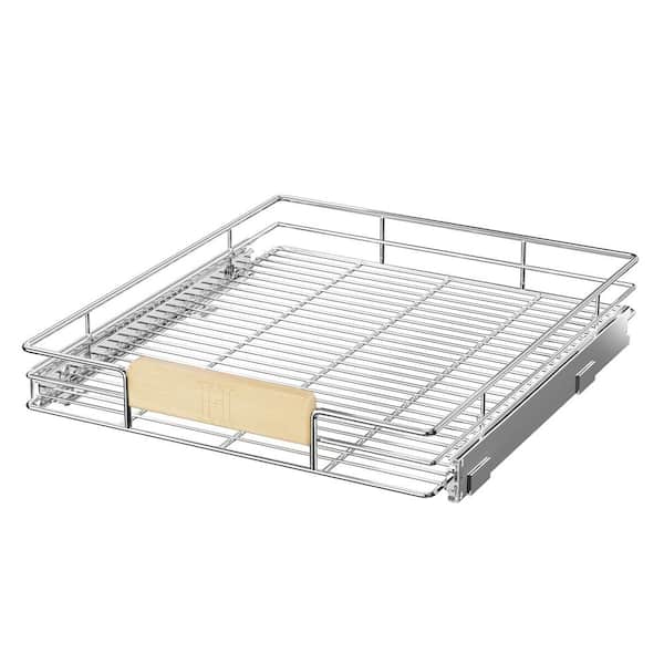 Space Saver Silver Metal Pull-Out Organizer for Kitchen Wooden Handle Slide Out Storage
