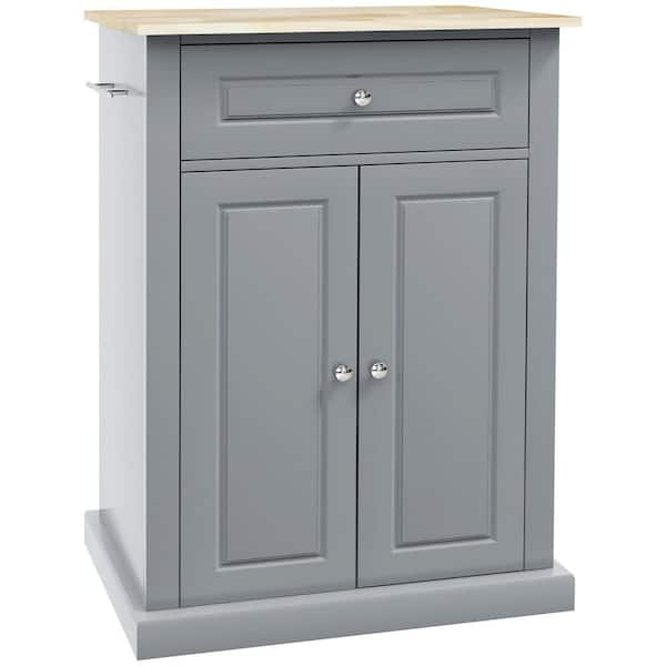 Grey Solid Wood Top 18 in. Kitchen Island Cart with 2 Door Cabinet and Drawers