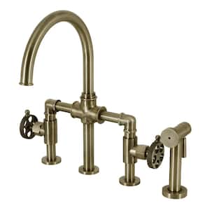Webb Double Handle Deck Mount Gooseneck Bridge Kitchen Faucet with Brass Side Sprayer in Antique Brass