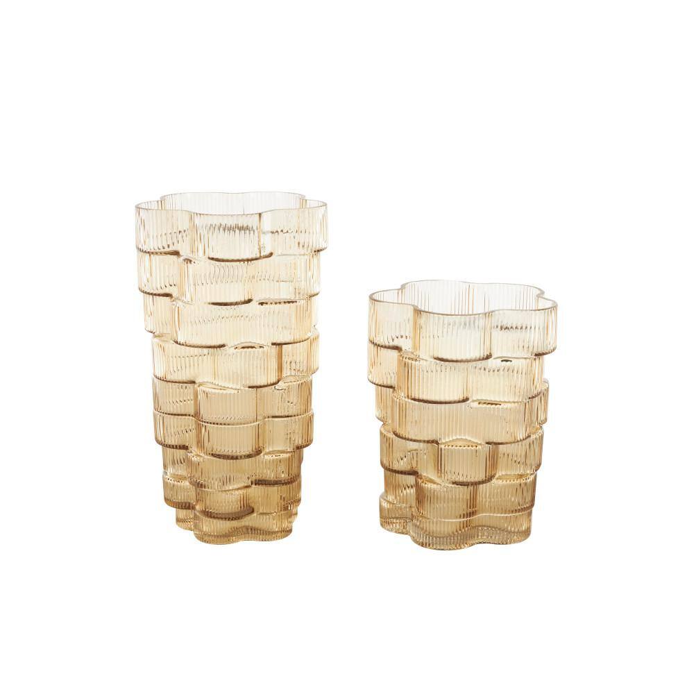 Brown Ribbed Glass Round Table Vase Set