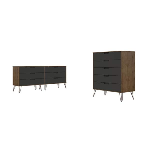 Manhattan Comfort Rockefeller 5-Drawer and 6-Drawer Nature and Textured Grey Dresser Set