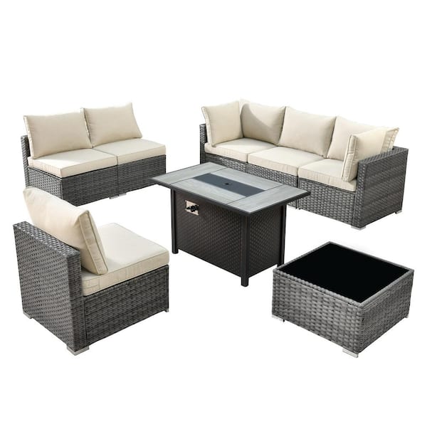 Gemini 8-Piece Wicker Patio Rectangular Fire Pit Set with Beige Cushions