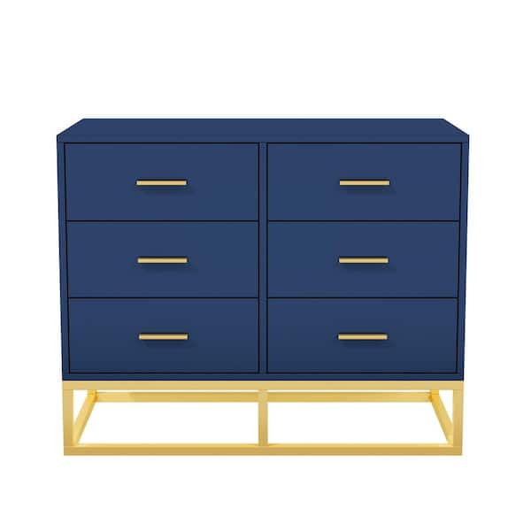 6 drawer navy blue dresser GDFSTUDIO Modern Finish Drawers 39.3 in. W Bedroom Dresser, Wooden Chest of Drawers with Gold Metal Legs 220137 Wood dresser
