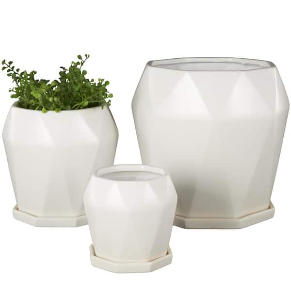 10 in., 8 in., and 5 in. Small White Ceramic Patterned Planter with Attached Saucer (3- Pack)
