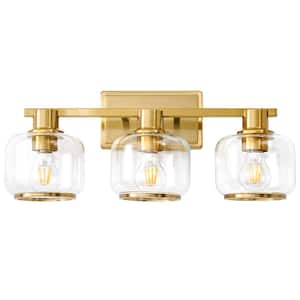 22.4 in. 3-Light Gold Vanity Light with Glass Shade with Metal Ring, Dimmable Sconces Wall Lighting for Bathroom