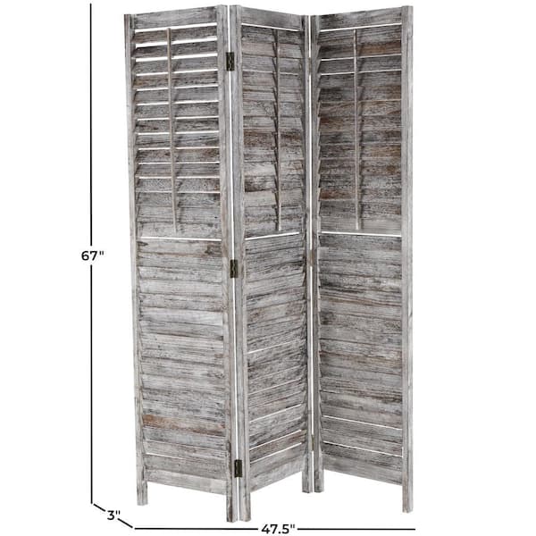 6 ft. Gray 3 Panel Distressed Shutter Top Room Divider Screen with Brown Accents