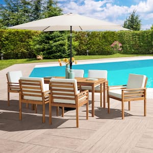 Okemo 8-Piece Wood Outdoor Dining Table Set with 6-Chairs with Cushions, 10 ft. Rectangular Umbrella Beige