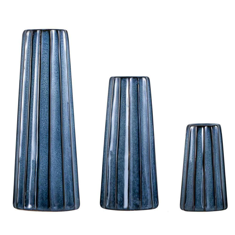 Blue 3.8 in. x 10.3 in. Ceramic Modern Minimalist Vase Set of 3 ...