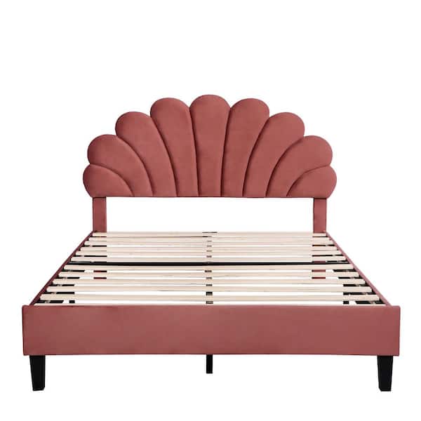Bean Paste Red Wood Frame Upholstered Full Size Platform Bed with Flower Pattern Velvet Headboard