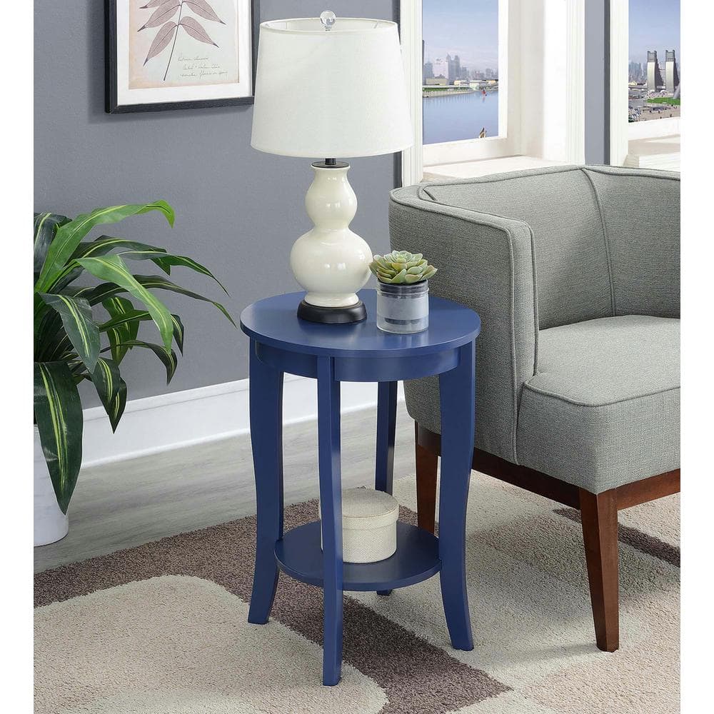 Cobalt Blue Round Wood End Table with Shelf