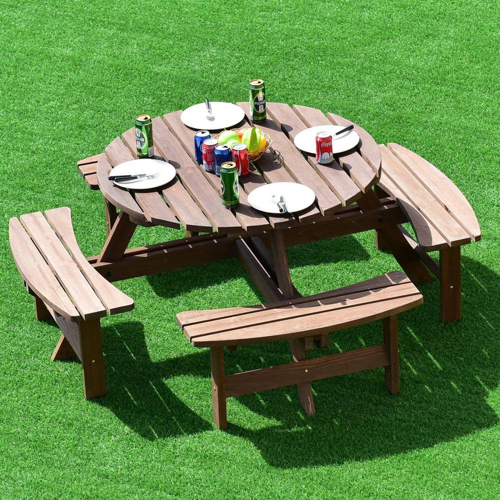 Brown Fir Wood Round Picnic Table Set with Umbrella Hole