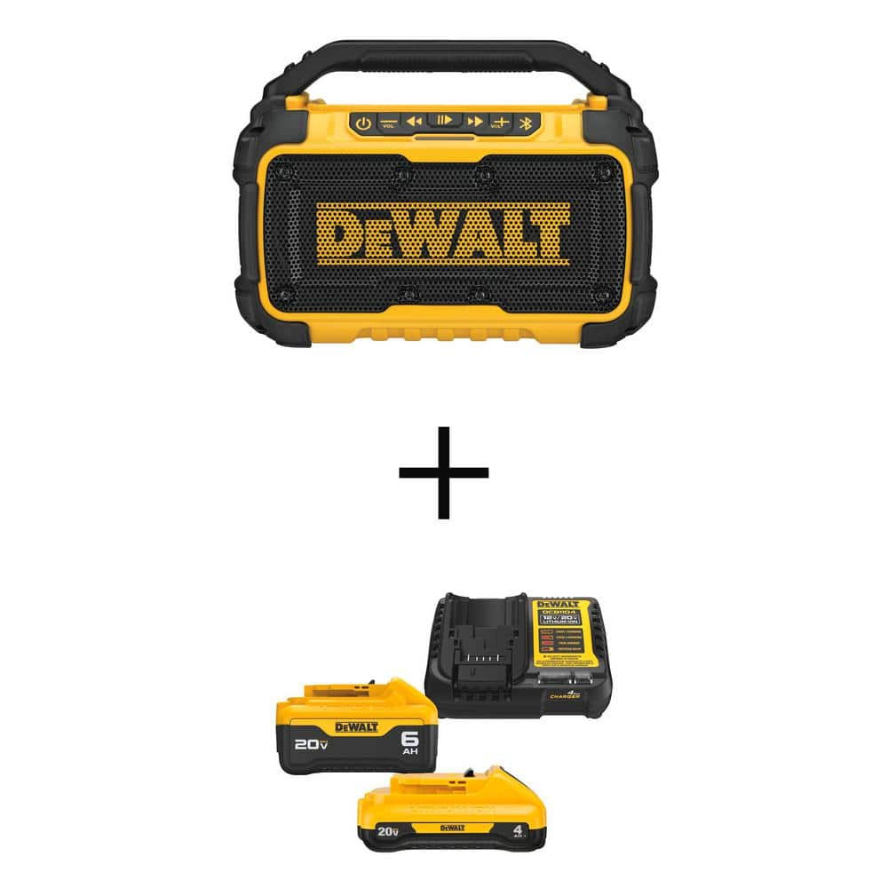 DEWALT 20V MAX Bluetooth Speaker with 20V MAX XR Premium Lithium-Ion 6.0Ah and 4.0Ah Starter Kit