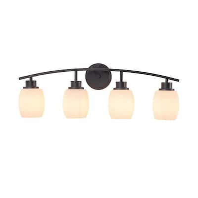 Modern Contemporary 28 in. 4-Light Dark Brown Vanity Light with Textured Opal Glass Shades