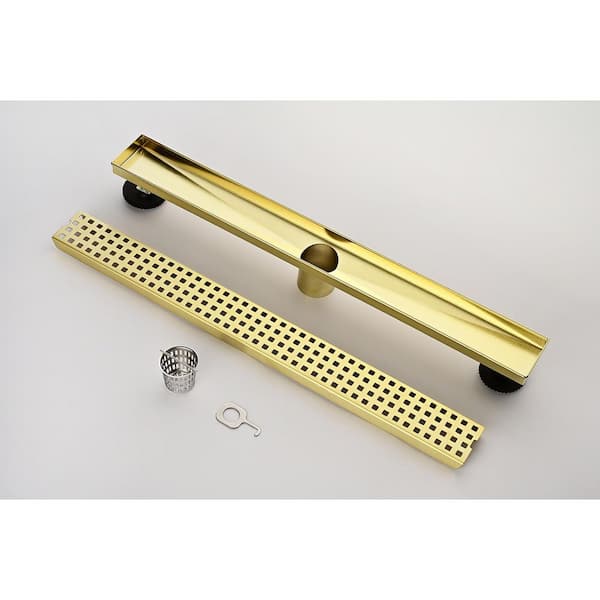 24 in. Stainless Steel Shower Drain with Square Pattern Drain Cover, Hair Strainer and Leveling Feet in Brushed Gold