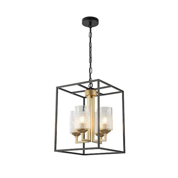 ELE Light & Decor Kaia 4-Light Black Gold Modern Farmhouse Foyer Hall Chandelier With Glass Shade with No Bulbs Included