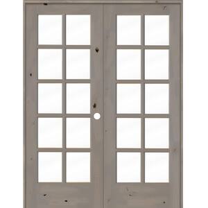 56 in. x 80 in. Knotty Alder Left-Handed 10-Lite Clear Glass Grey Stain Wood Double Prehung French Door