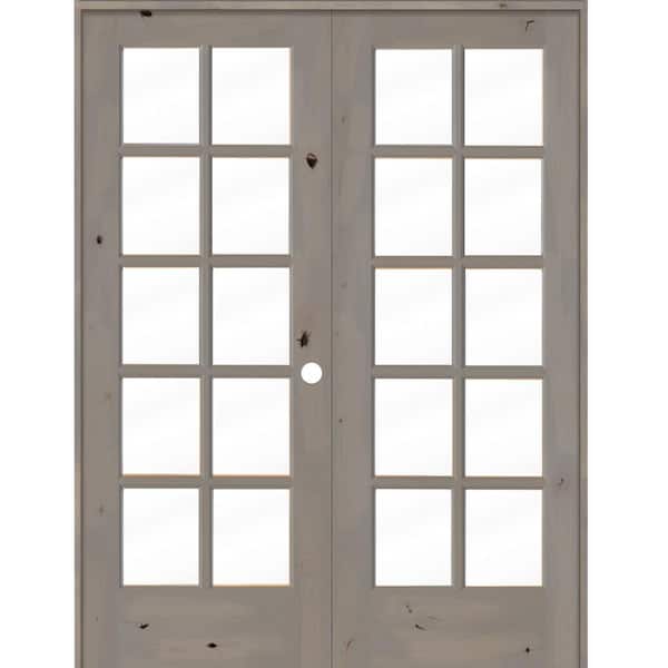 Krosswood Doors 56 in. x 80 in. Knotty Alder Left-Handed 10-Lite Clear Glass Grey Stain Wood Double Prehung French Door