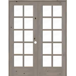 64 in. x 80 in. Knotty Alder Left-Handed 10-Lite Clear Glass Grey Stain Wood Double Prehung French Door