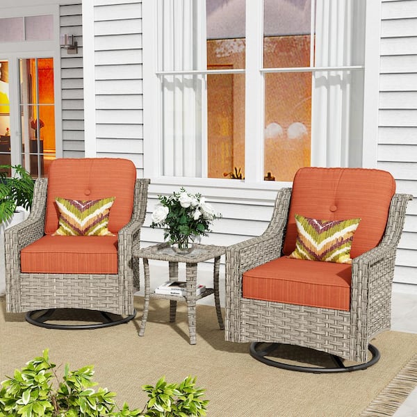 Toject Eureka Grey 3-Piece Wicker Outdoor Patio Conversation Swivel Rocking Chair Seating Set with Orange Red Cushions