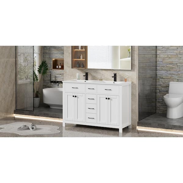 48 in. W x 18 in. D x 34 in. H Double Sink Freestanding Bath Vanity in White with White Resin SMC Top and Drain Faucet