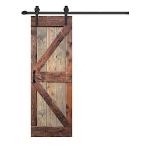 K Series 30 in. x 84 in. Brown/Walnut Finished Solid Wood Sliding Barn Door with Hardware Kit - Assembly Needed