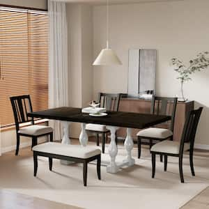 Brown and Distressed White 6-Piece Wood Top Extendable Dining Set with 18 in. Removable Leaf, 4 Dining Chairs and Bench