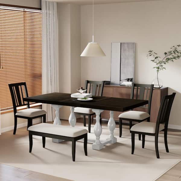 Harper & Bright Designs Brown and Distressed White 6-Piece Wood Top Extendable Dining Set with 18 in. Removable Leaf, 4 Dining Chairs and Bench